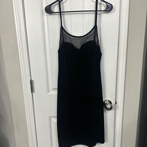 Black velvet mesh panel midi dress. XL